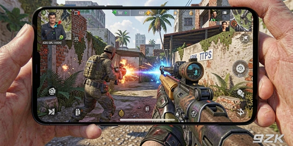 Screenshot utama 9ZK menampilkan aksi pertempuran yang mendebarkan di arena.