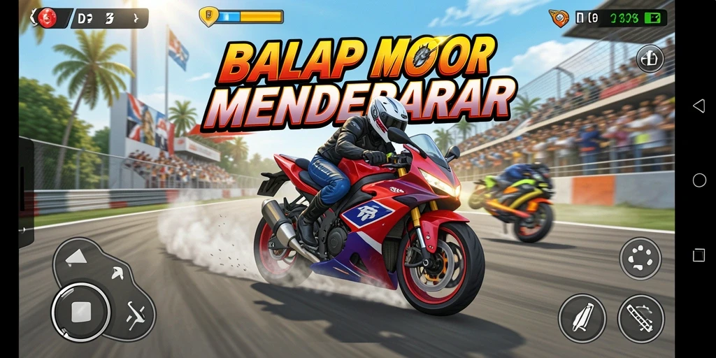 Screenshot D73 menampilkan balapan intens dengan efek grafis yang impresif.