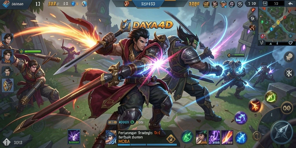 Tangkapan layar aksi epik dalam DAYA4D dengan gameplay MOBA.