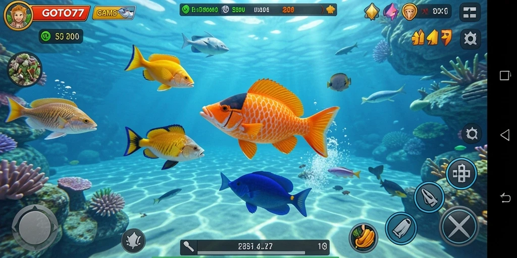 Tampilan gameplay GOTO77 menunjukkan aksi menembak ikan yang seru.