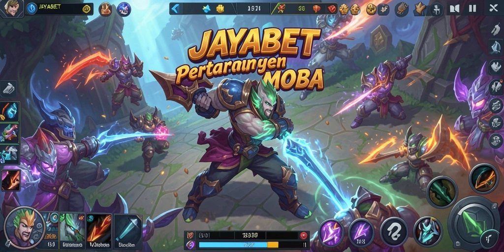 Screenshot JAYABET menunjukkan aksi intens dalam pertempuran MOBA.