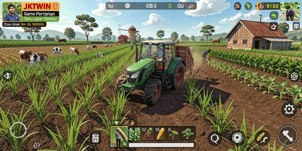 Tampilan gameplay JKTWIN yang menakjubkan dengan lahan pertanian yang subur.