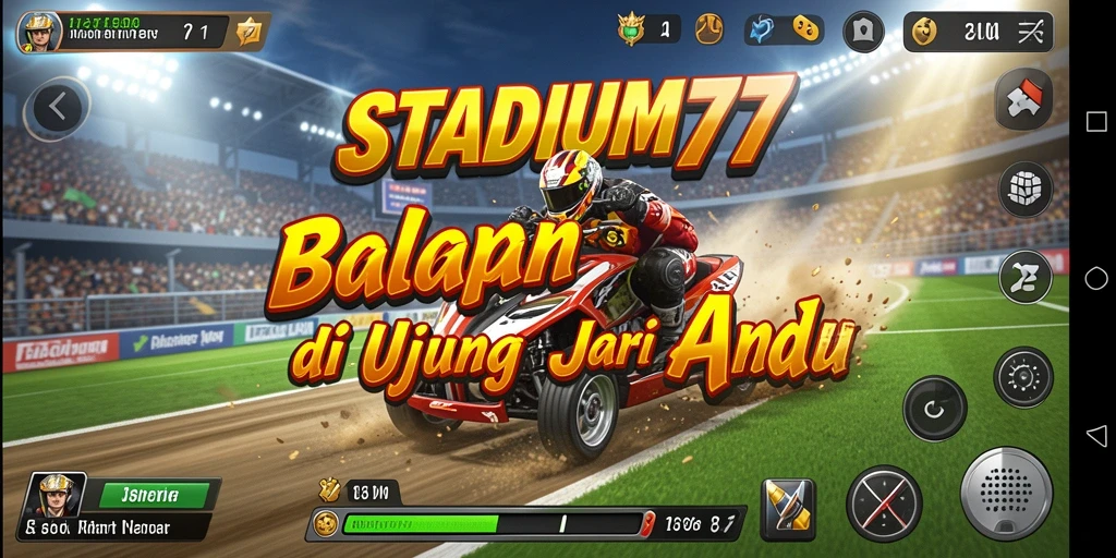 Tampilan gameplay seru di STADIUM77 dengan mobil balap yang memukau.
