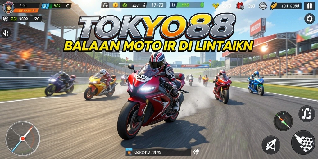 Screenshot utama dari TOKYO88 menampilkan balapan motor yang mendebarkan.