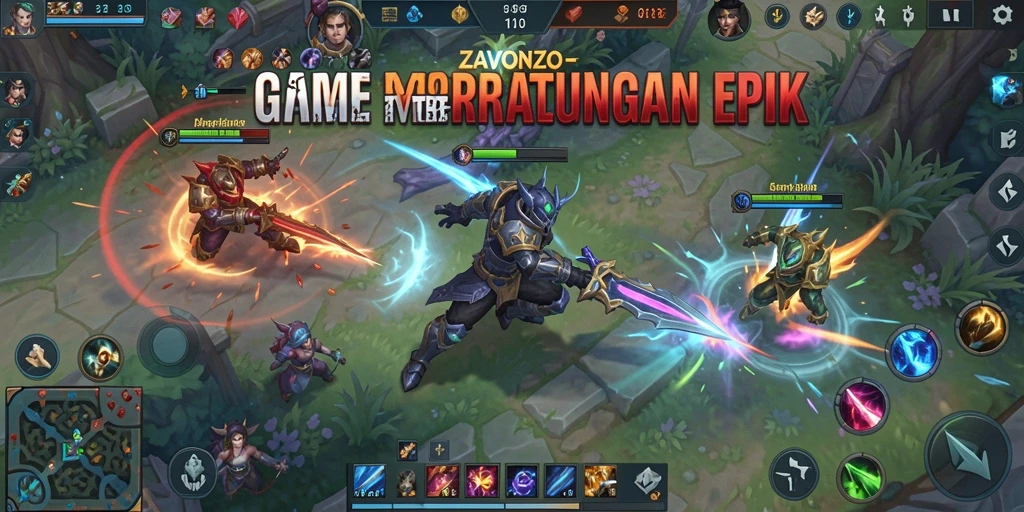 Tampilan épik gameplay MOBA di ZAVONZO penuh aksi dan strategi.